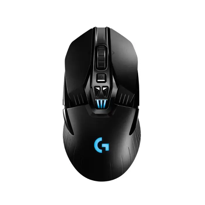 une souris d'ordinateur noire avec des lumières bleues